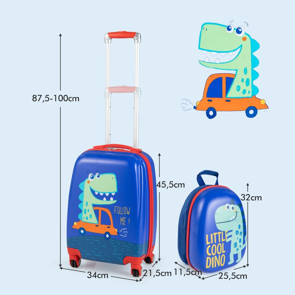 Lot De 2 Valise Cabine Enfant + Sac À Dos Bagages Enfant Pour Garçons Filles Avec Poignée Rétractable 88-100Cm Valise Dinosaure En ABS