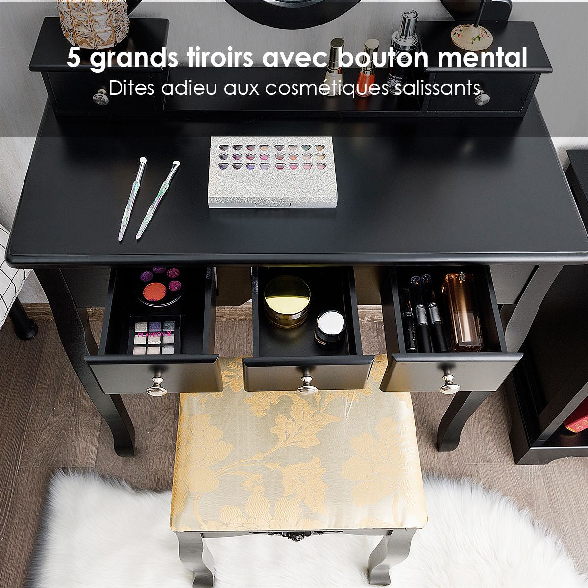 Coiffeuse Table De Maquillage Avec Miroir Ovale Pivotant À 360° 5 Tiroirs Finition Peinte Et Tabouret Rembourré Noir/Blanc