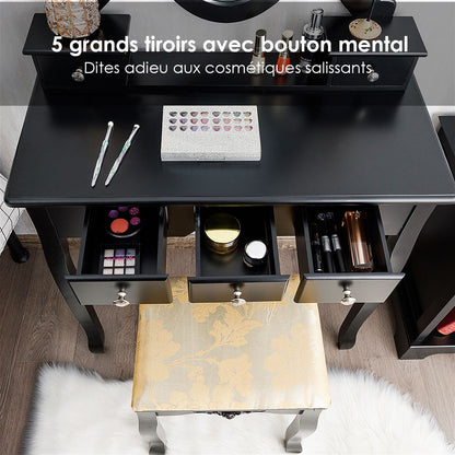 Coiffeuse Table De Maquillage Avec Miroir Ovale Pivotant À 360° 5 Tiroirs Finition Peinte Et Tabouret Rembourré Noir/Blanc
