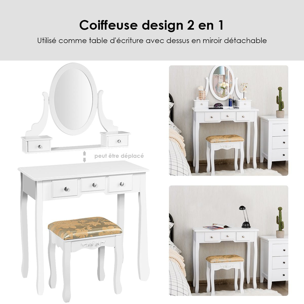 Coiffeuse Table De Maquillage Avec Miroir Ovale Pivotant À 360° 5 Tiroirs Finition Peinte Et Tabouret Rembourré Noir/Blanc