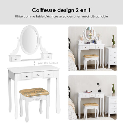 Coiffeuse Table De Maquillage Avec Miroir Ovale Pivotant À 360° 5 Tiroirs Finition Peinte Et Tabouret Rembourré Noir/Blanc