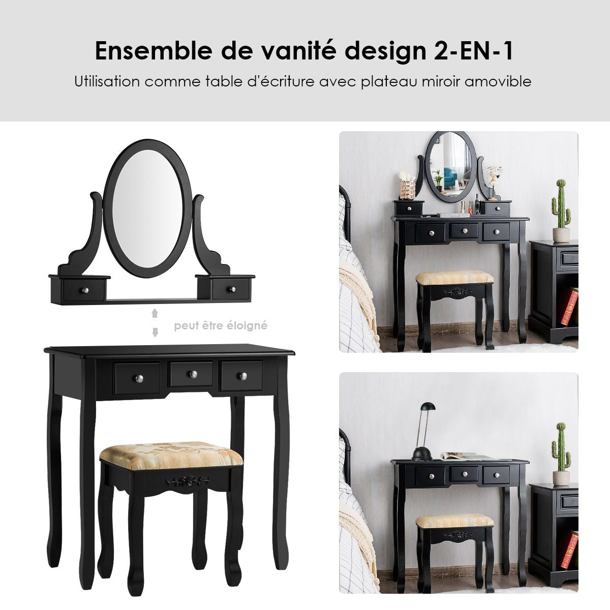 Coiffeuse Table De Maquillage Avec Miroir Ovale Pivotant À 360° 5 Tiroirs Finition Peinte Et Tabouret Rembourré Noir/Blanc