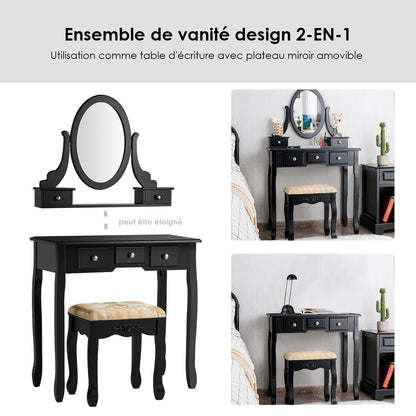 Coiffeuse Table De Maquillage Avec Miroir Ovale Pivotant À 360° 5 Tiroirs Finition Peinte Et Tabouret Rembourré Noir/Blanc