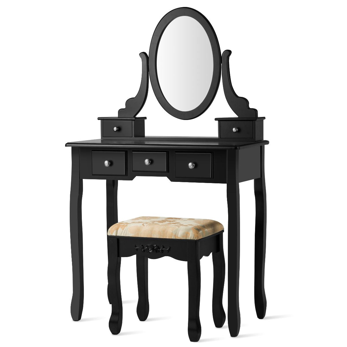 Coiffeuse Table De Maquillage Avec Miroir Ovale Pivotant À 360° 5 Tiroirs Finition Peinte Et Tabouret Rembourré Noir/Blanc