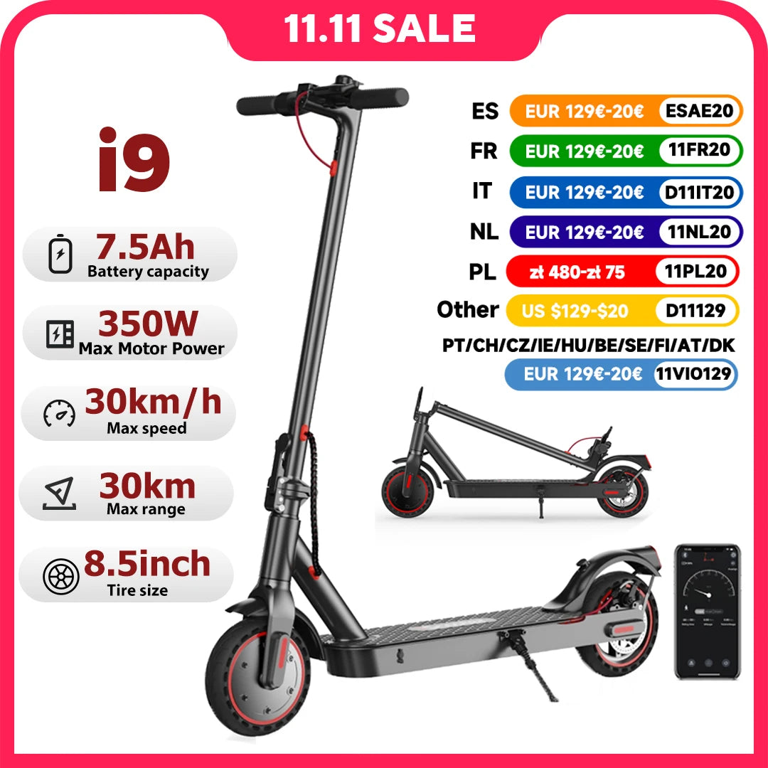 Trottinette électrique iScooter i9 : moteur 350 W, 30 km d’autonomie, pneus 8.5'', avec appli
