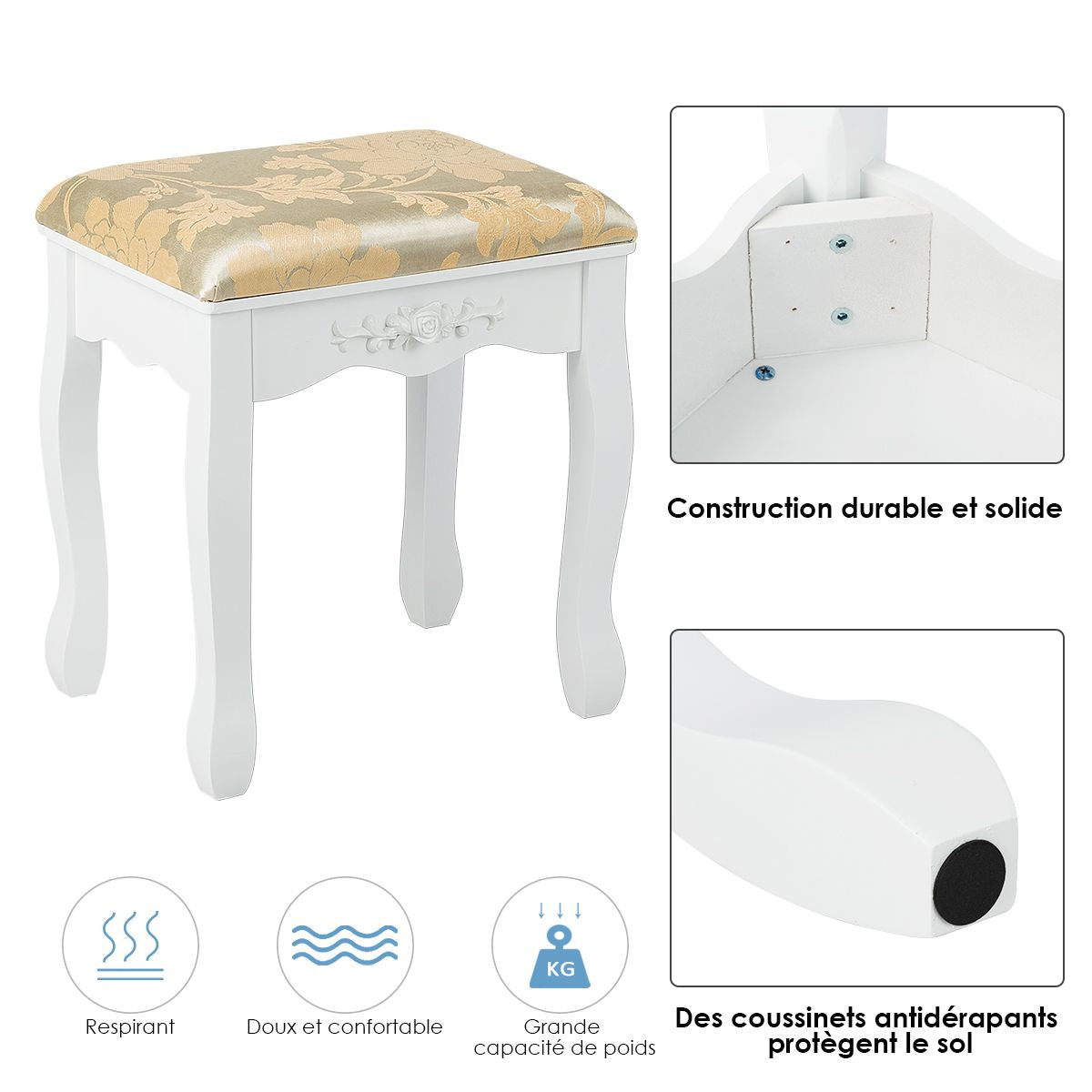 Coiffeuse Table De Maquillage Avec Miroir Ovale Pivotant À 360° 5 Tiroirs Finition Peinte Et Tabouret Rembourré Noir/Blanc