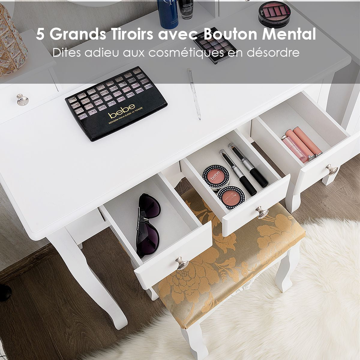 Coiffeuse Table De Maquillage Avec Miroir Ovale Pivotant À 360° 5 Tiroirs Finition Peinte Et Tabouret Rembourré Noir/Blanc