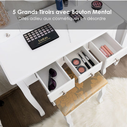 Coiffeuse Table De Maquillage Avec Miroir Ovale Pivotant À 360° 5 Tiroirs Finition Peinte Et Tabouret Rembourré Noir/Blanc