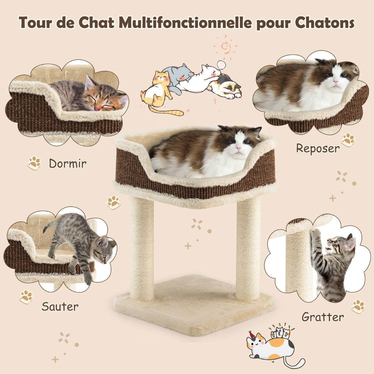 Tour D'Arbre À Chat Compacte Avec Perchoir En Peluche Et Griffoirs Pour Se Faire Ses Griffes Gris/Beige
