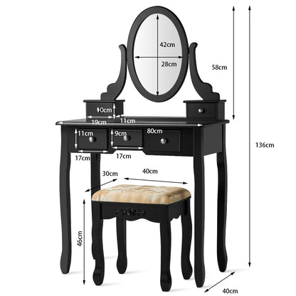 Coiffeuse Table De Maquillage Avec Miroir Ovale Pivotant À 360° 5 Tiroirs Finition Peinte Et Tabouret Rembourré Noir/Blanc