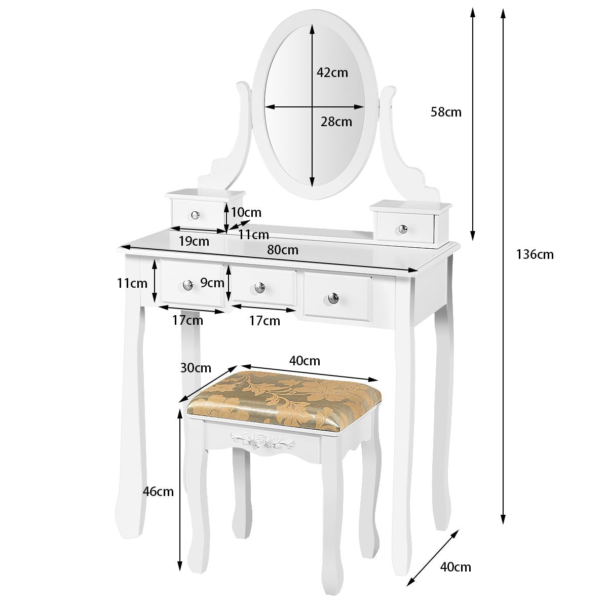 Coiffeuse Table De Maquillage Avec Miroir Ovale Pivotant À 360° 5 Tiroirs Finition Peinte Et Tabouret Rembourré Noir/Blanc