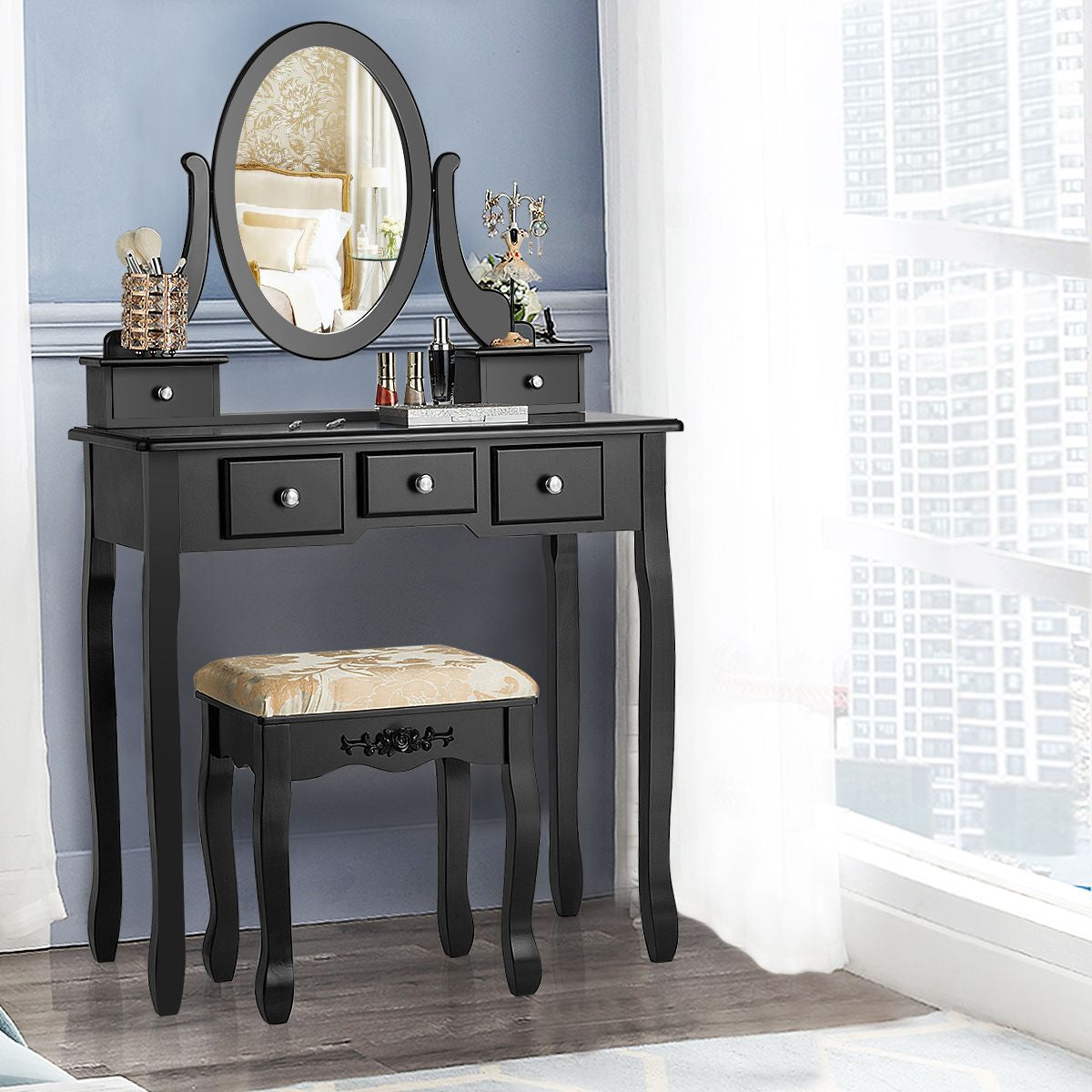 Coiffeuse Table De Maquillage Avec Miroir Ovale Pivotant À 360° 5 Tiroirs Finition Peinte Et Tabouret Rembourré Noir/Blanc